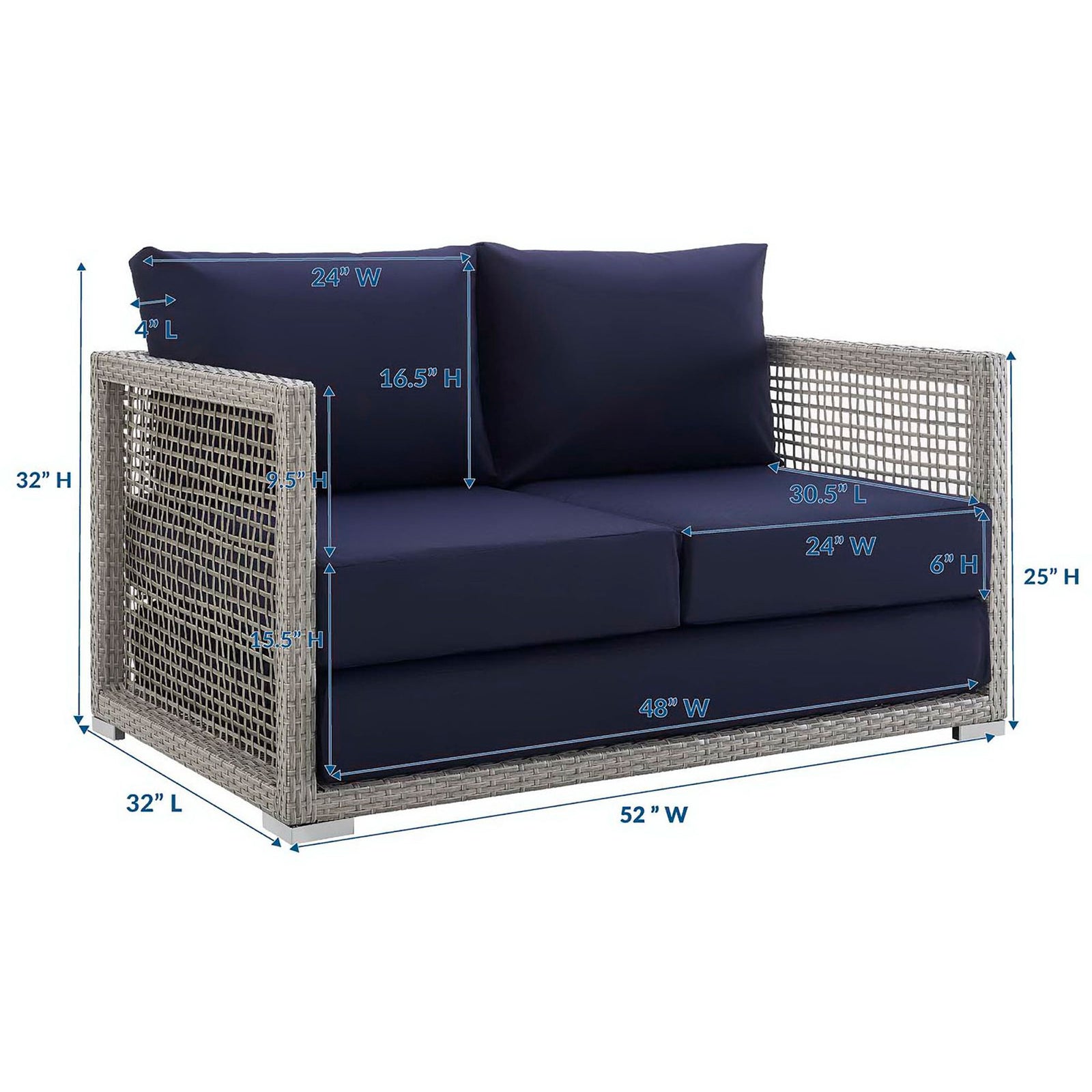Gray and navy patio loveseat with cushions and labeled measurements || EEI-2924-GRY-NAV || dimension_studio