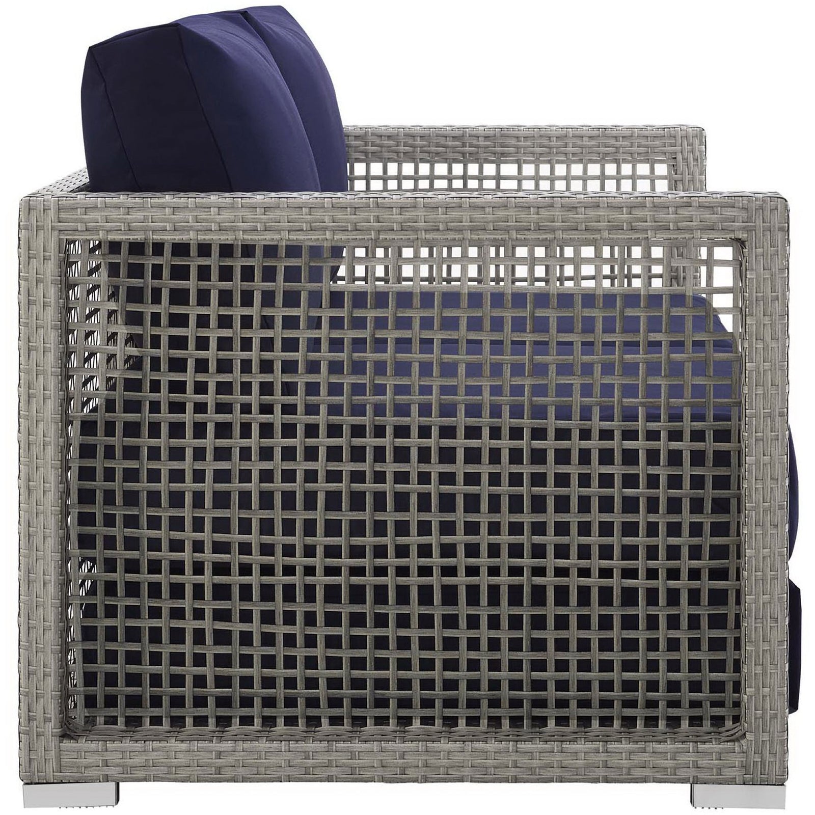 Aura loveseat with gray wicker frame, navy cushions, and open grid sides || EEI-2924-GRY-NAV || side_studio