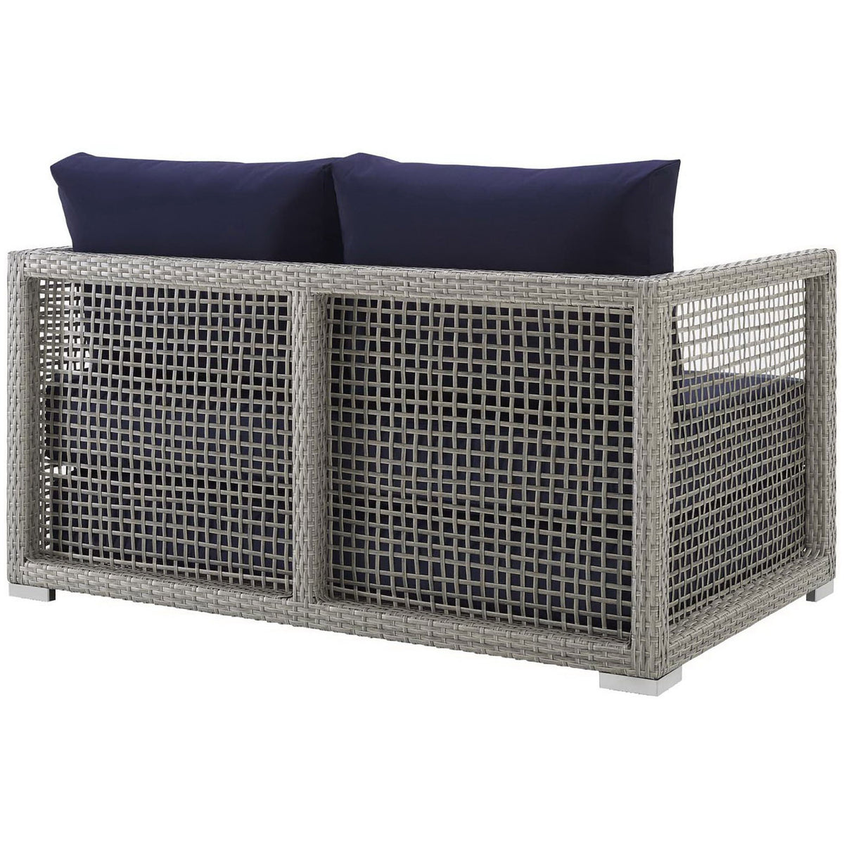 Navy cushioned gray wicker loveseat with full woven back and block feet || EEI-2924-GRY-NAV || back_studio