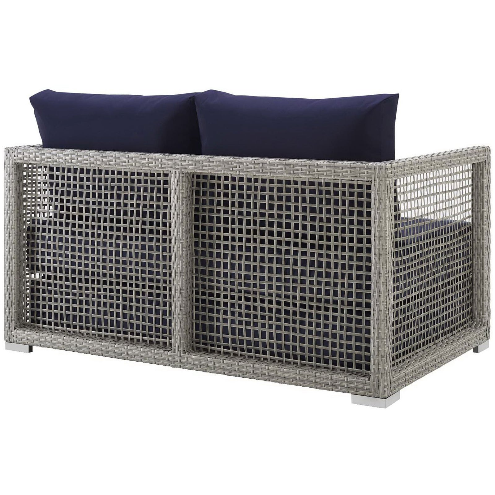 Navy cushioned gray wicker loveseat with full woven back and block feet || EEI-2924-GRY-NAV || back_studio