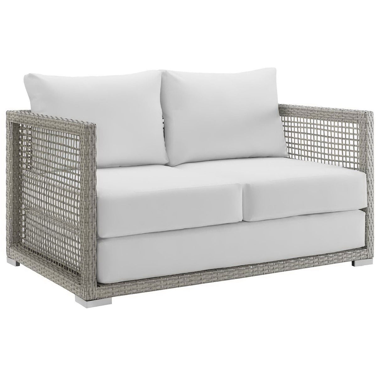 Gray wicker patio loveseat with crisp white cushions and modern boxy silhouette || EEI-2924-GRY-WHI || front_angle_studio