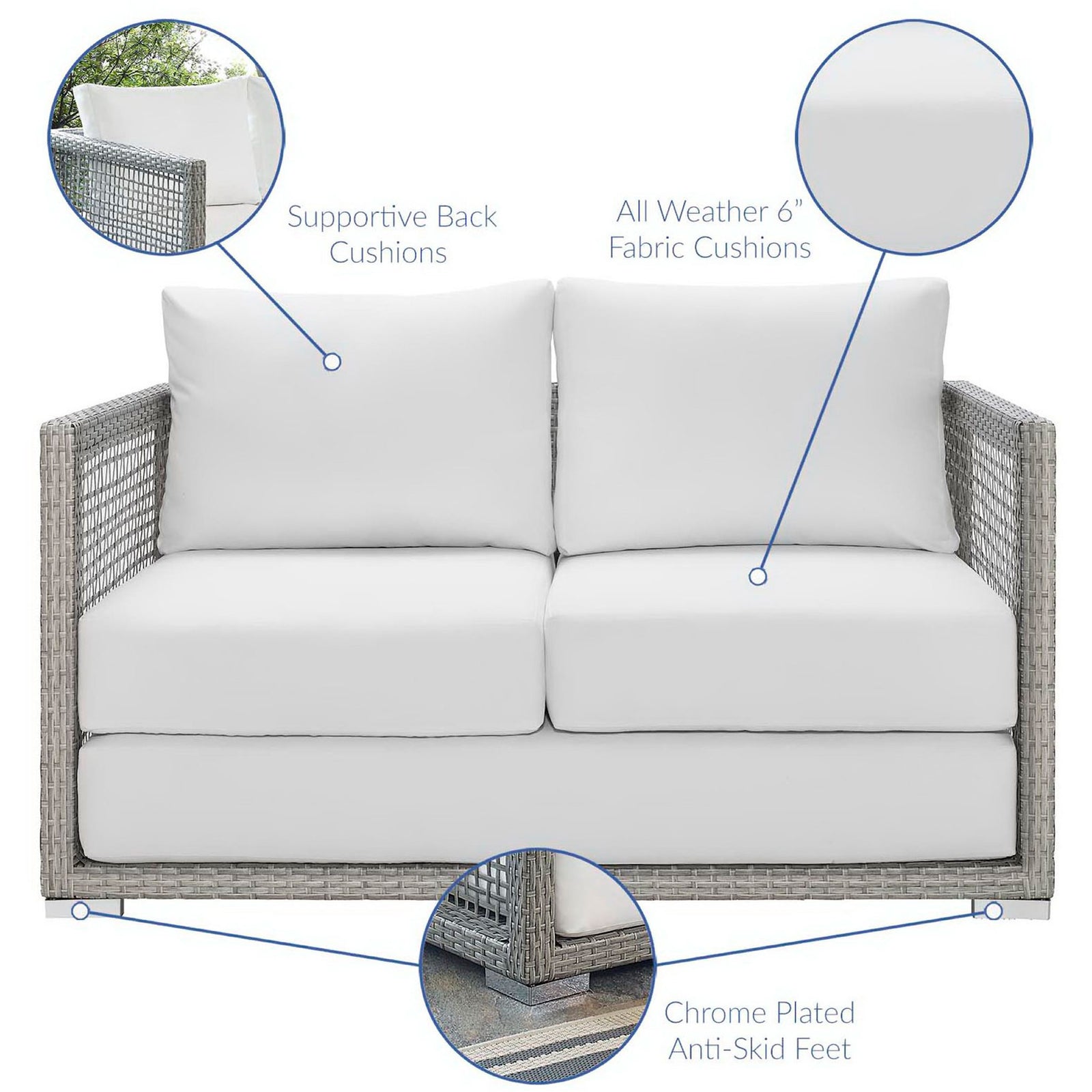 Outdoor loveseat highlighting plush white cushions and chrome feet || EEI-2924-GRY-WHI || callout_studio