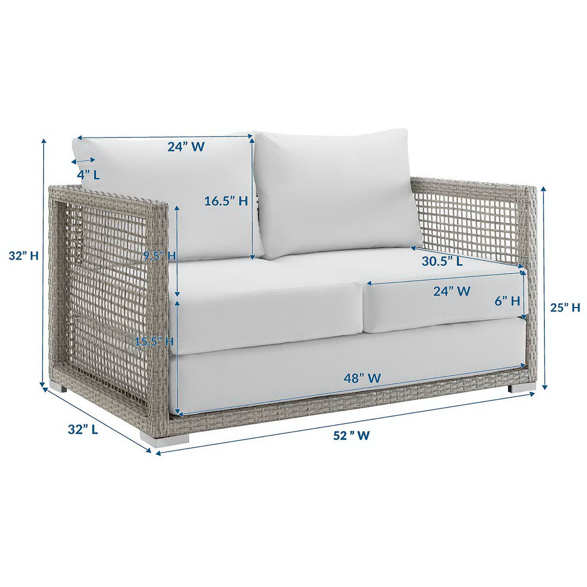 Gray and white patio loveseat with cushions and labeled dimensions || EEI-2924-GRY-WHI || dimension_studio