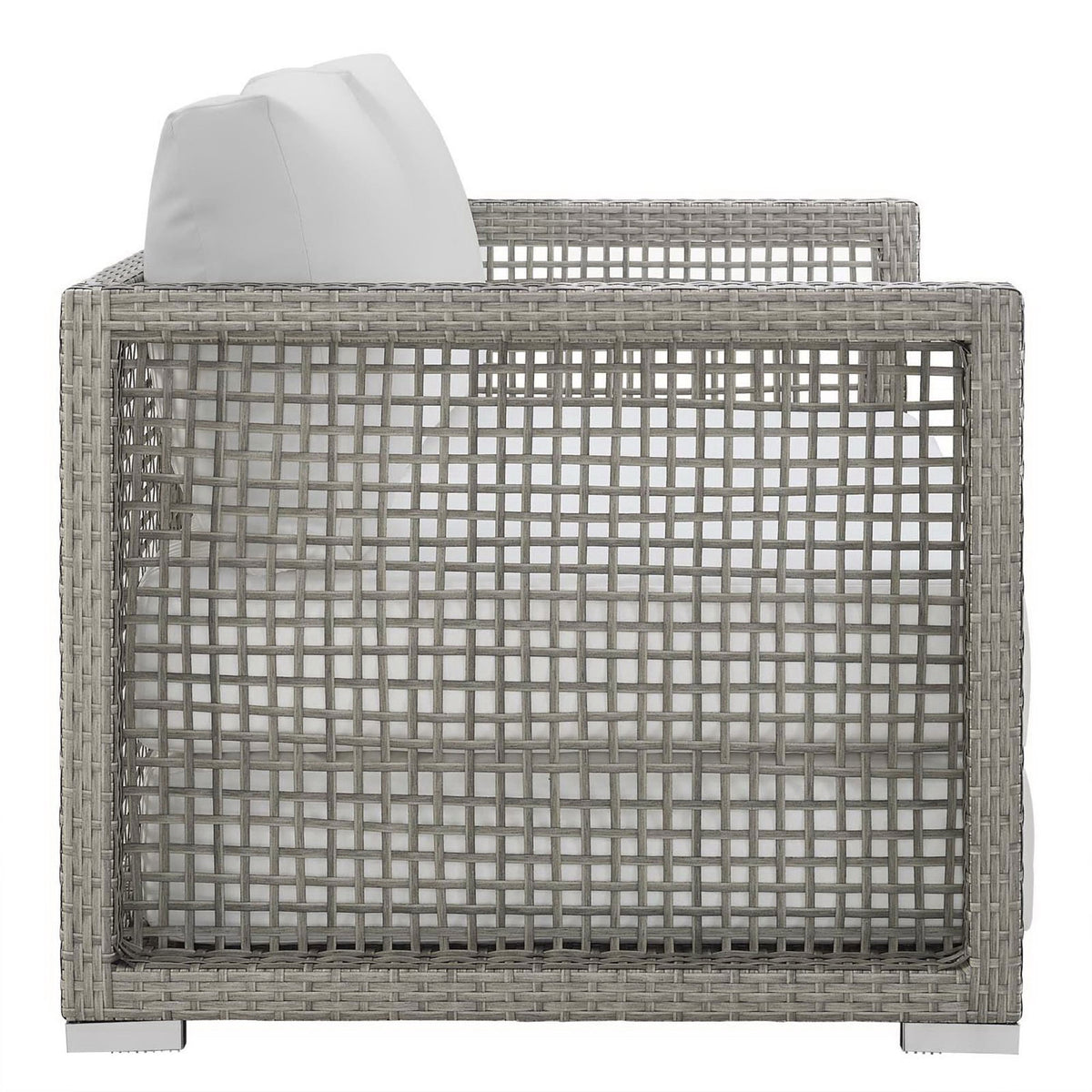 Aura loveseat with gray wicker frame and white cushions, open grid sides || EEI-2924-GRY-WHI || side_studio