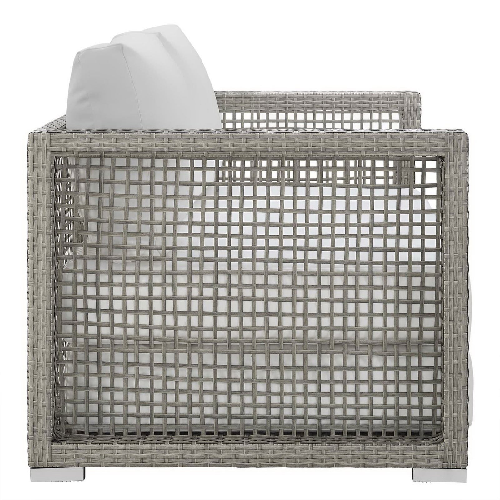 Aura loveseat with gray wicker frame and white cushions, open grid sides || EEI-2924-GRY-WHI || side_studio