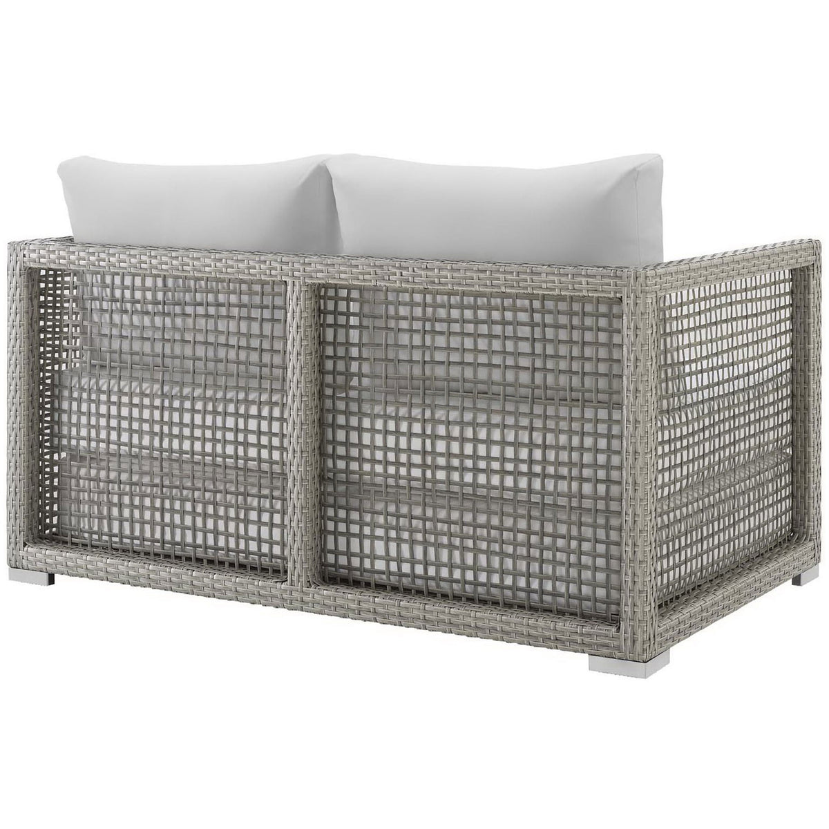 White cushioned gray wicker loveseat with full woven back and block feet || EEI-2924-GRY-WHI || back_studio