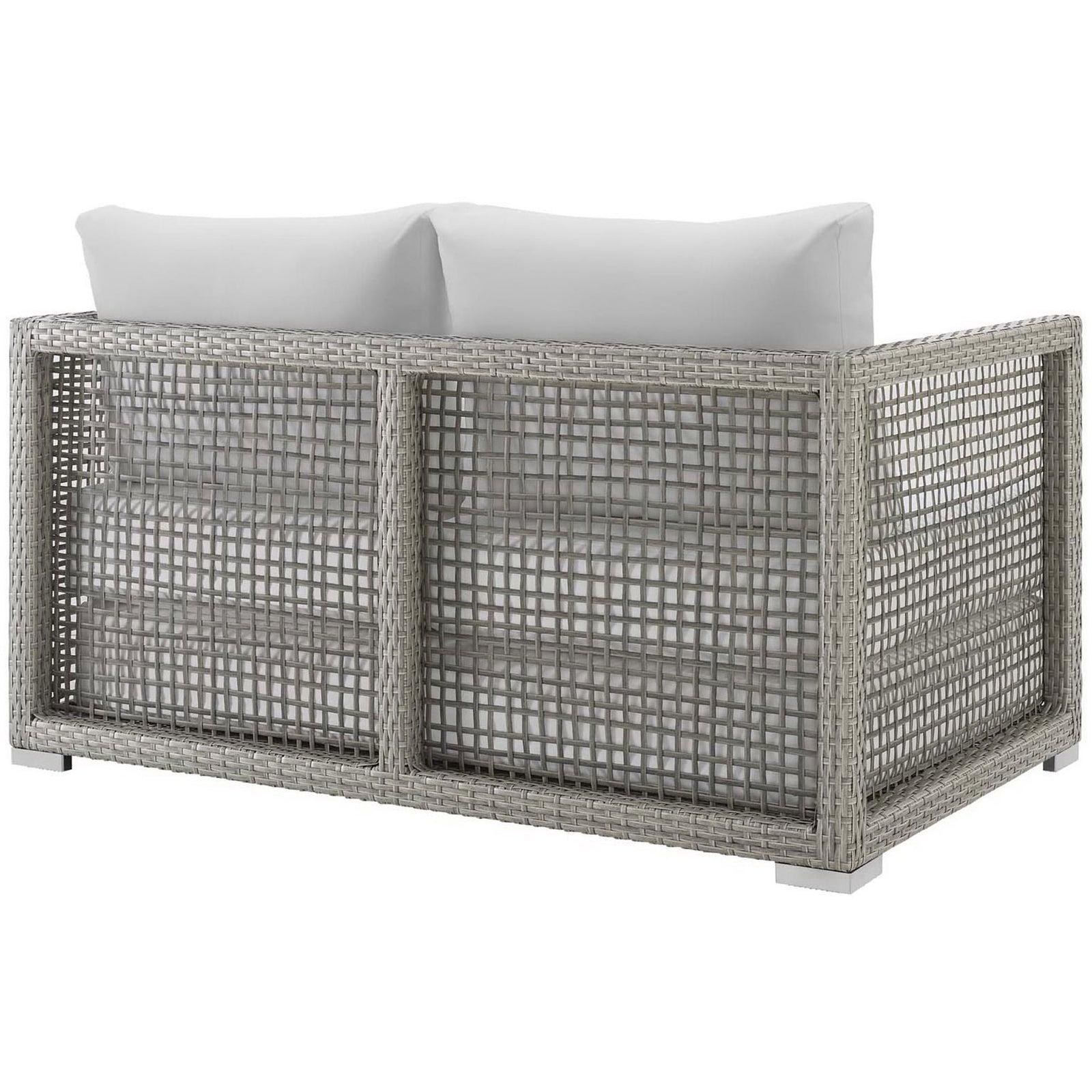 White cushioned gray wicker loveseat with full woven back and block feet || EEI-2924-GRY-WHI || back_studio
