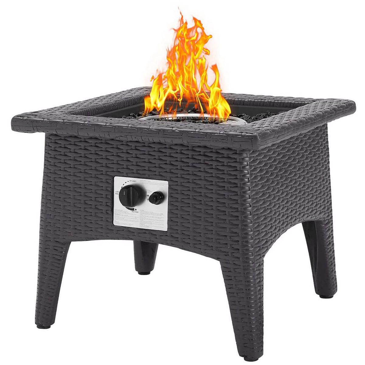 Espresso wicker fire pit table with propane flames glowing above glass beads || EEI-2990-EXP || front_angle_on_studio
