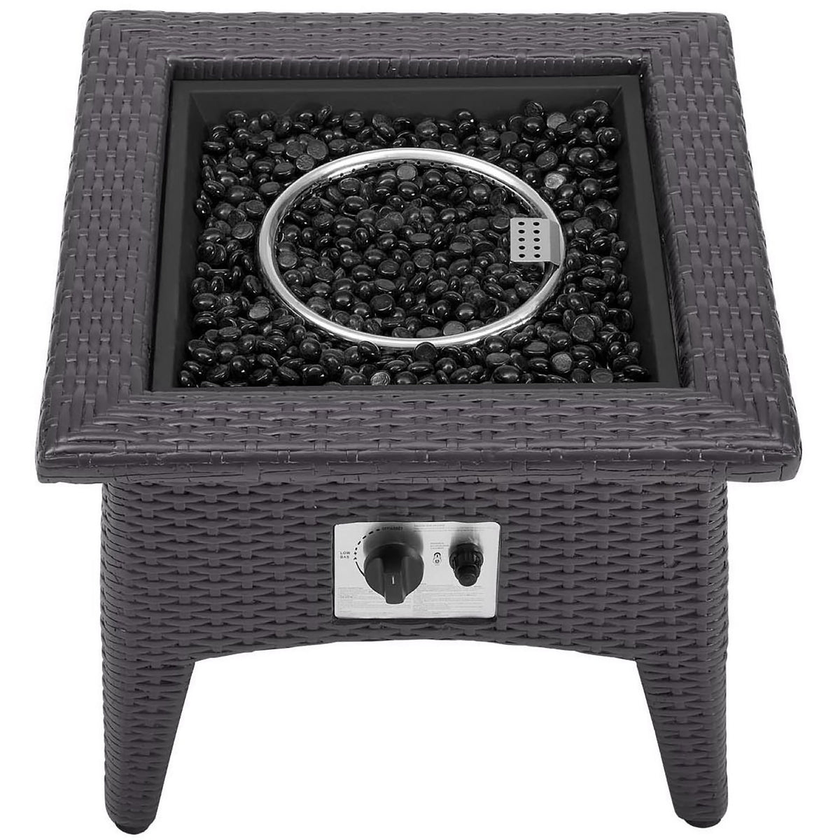 Top of espresso wicker fire pit table filled with reflective black glass beads || EEI-2990-EXP || top_angle_studio