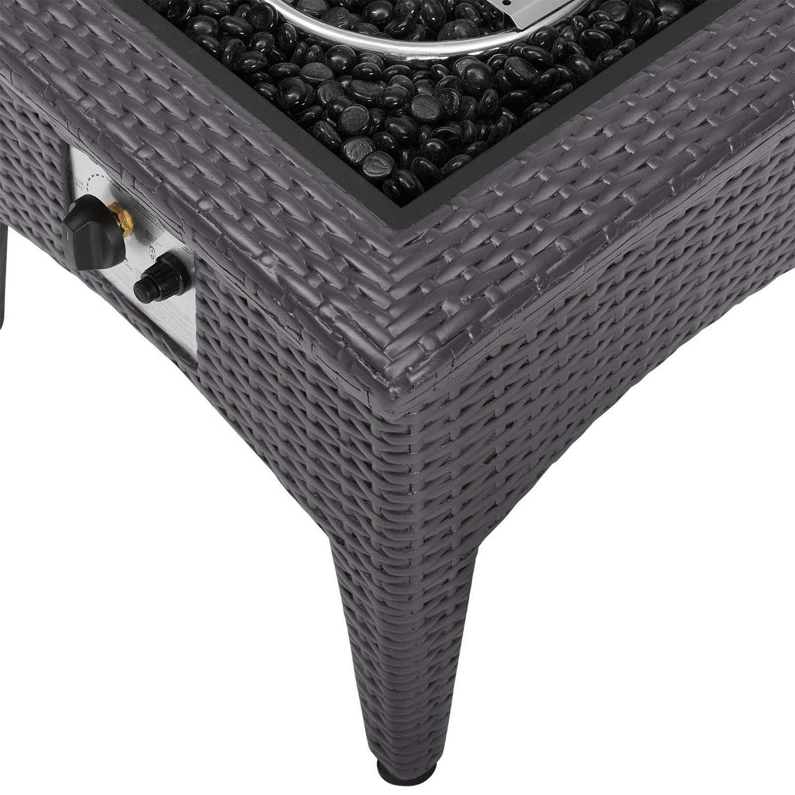Textured wicker corner of fire pit table with glass beads and control panel details || EEI-2990-EXP || detail_studio