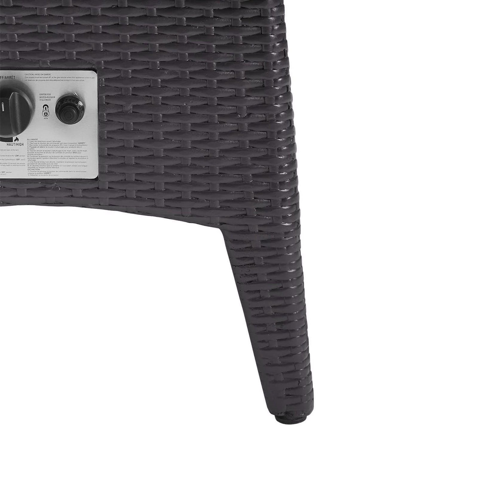 Espresso wicker fire pit table panel with easy-turn knob and safety labeling || EEI-2990-EXP || detail_studio