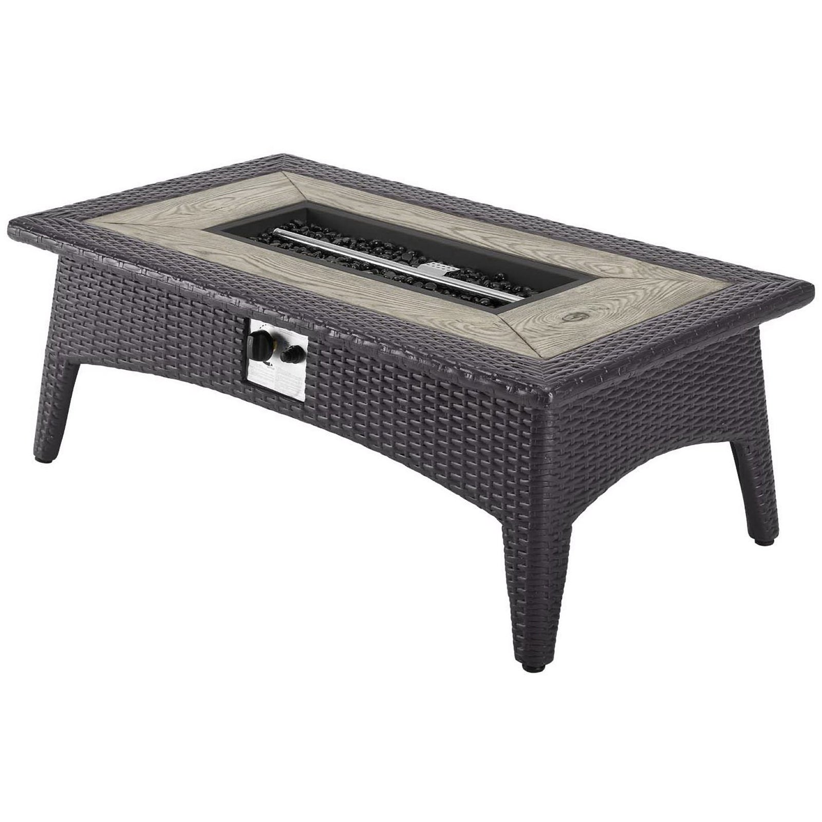 Espresso rattan-style patio fire pit table with wood-look border and glass rock burner || EEI-2991-EXP || front_angle_studio