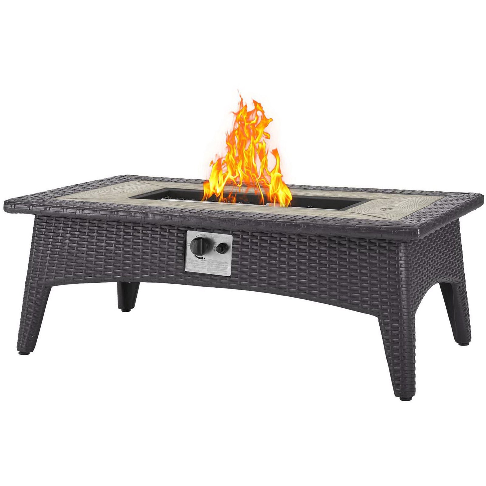 Outdoor fire pit table with espresso wicker base and bright flame dancing over glass rocks || EEI-2991-EXP || front_angle_on_studio