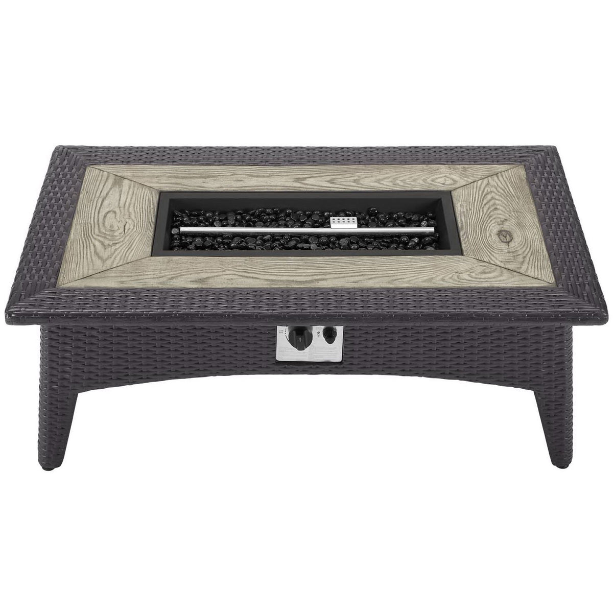 Rectangular fire pit tabletop with contrasting wood-grain border and tempered glass bead burner tray || EEI-2991-EXP || top_angle_studio