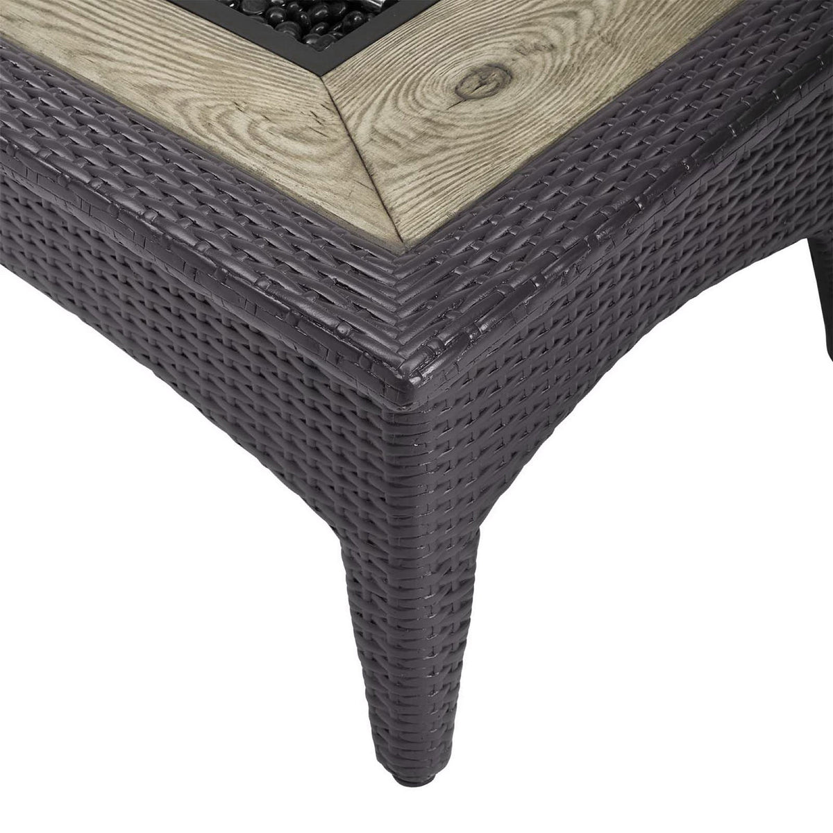 Rattan-style frame with mitered wood-look tabletop corner and smooth espresso finish || EEI-2991-EXP || detail_studio