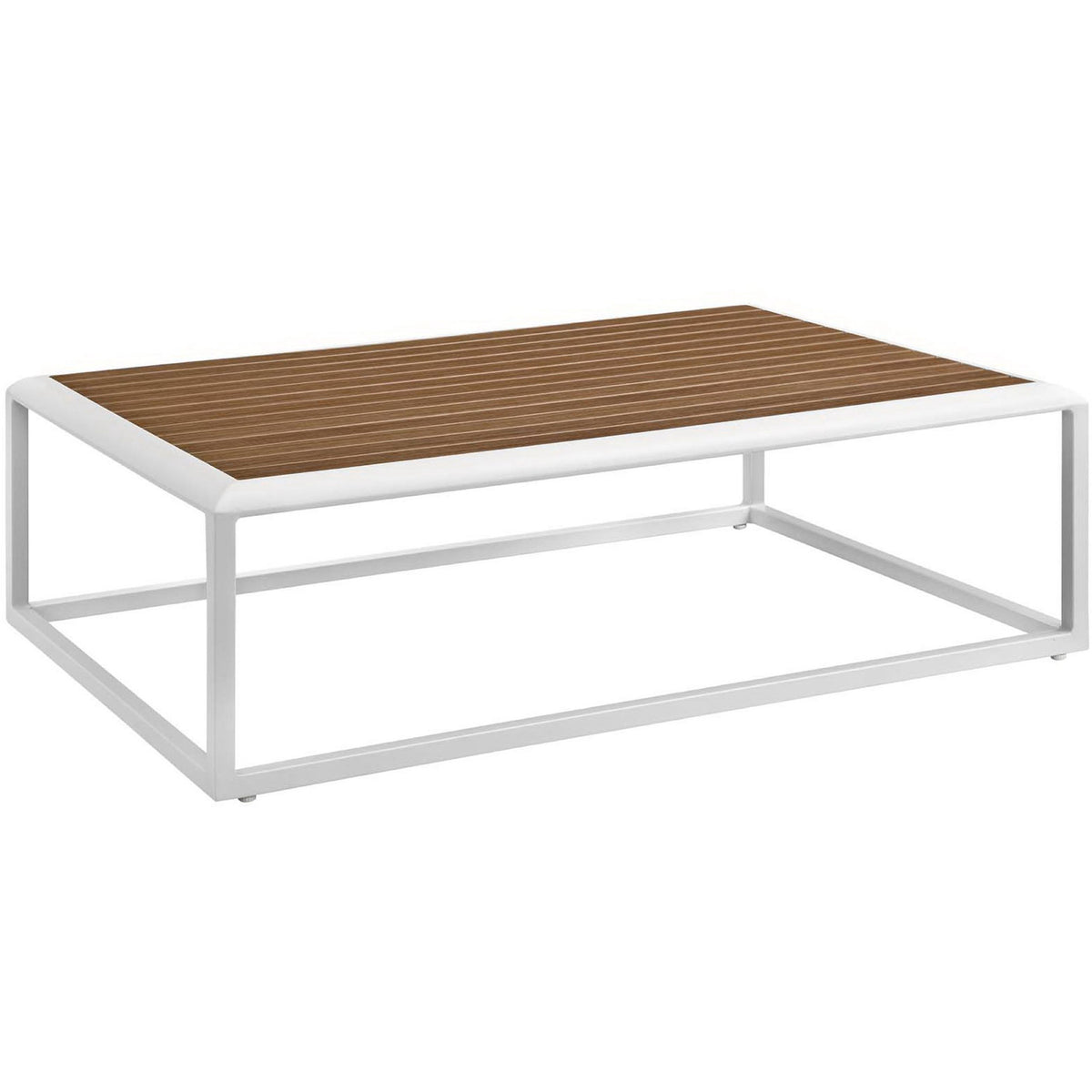 Rectangular outdoor coffee table with white aluminum base and slatted natural wood-look top. || EEI-3021-WHI-NAT || front_angle_studio