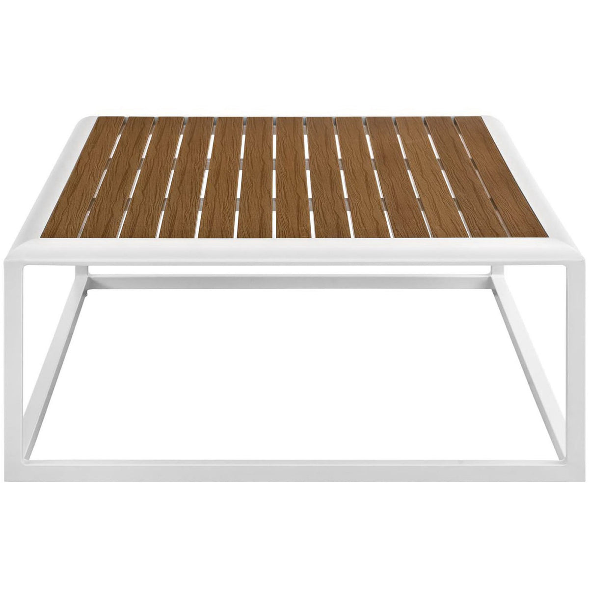 Low-profile outdoor coffee table showcasing the slim white frame and open base design. || EEI-3021-WHI-NAT || side_studio