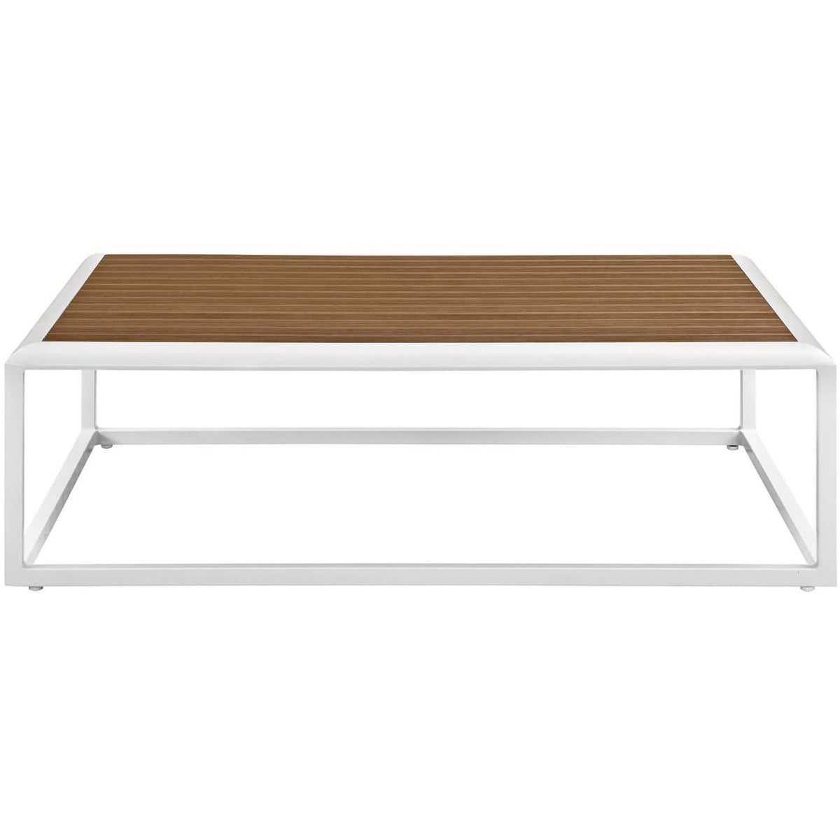 Modern outdoor coffee table with wide slatted tabletop and clean white aluminum frame. || EEI-3021-WHI-NAT || front_studio