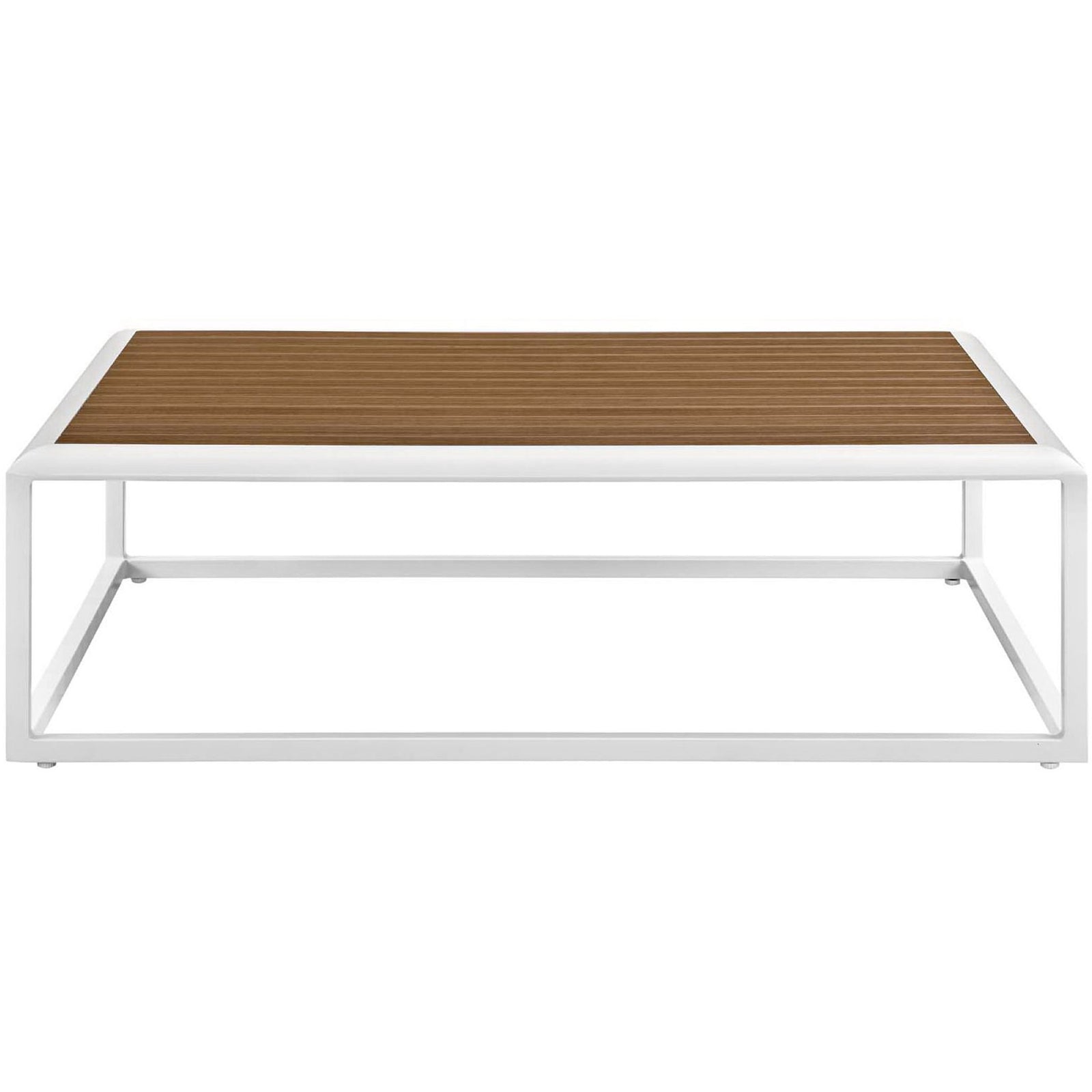 Modern outdoor coffee table with wide slatted tabletop and clean white aluminum frame. || EEI-3021-WHI-NAT || front_studio