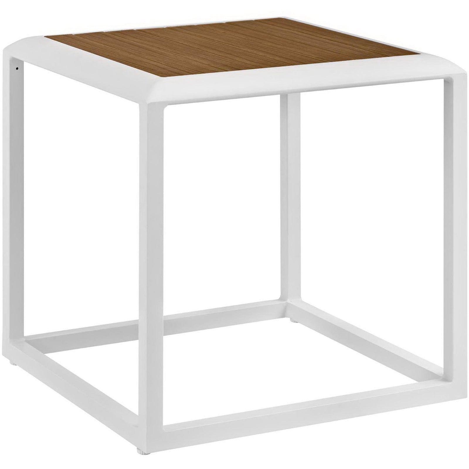 Square white aluminum outdoor side table with warm natural slatted top || EEI-3022-WHI-NAT || front_angle_studio