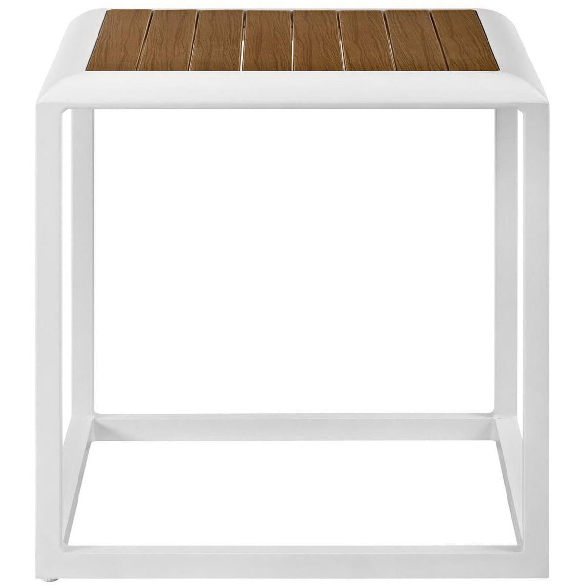 Modern cube patio side table with white frame and natural wood slatted top || EEI-3022-WHI-NAT || front_studio