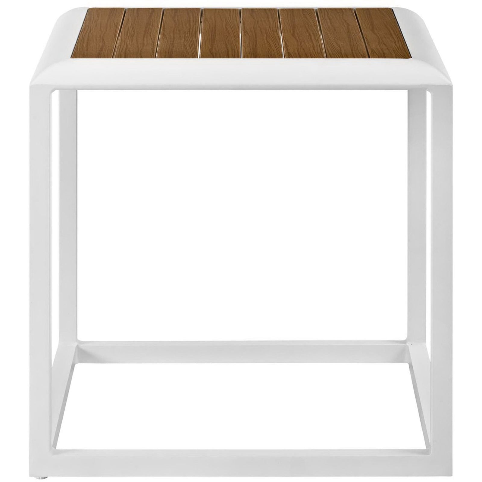 Modern cube patio side table with white frame and natural wood slatted top || EEI-3022-WHI-NAT || front_studio