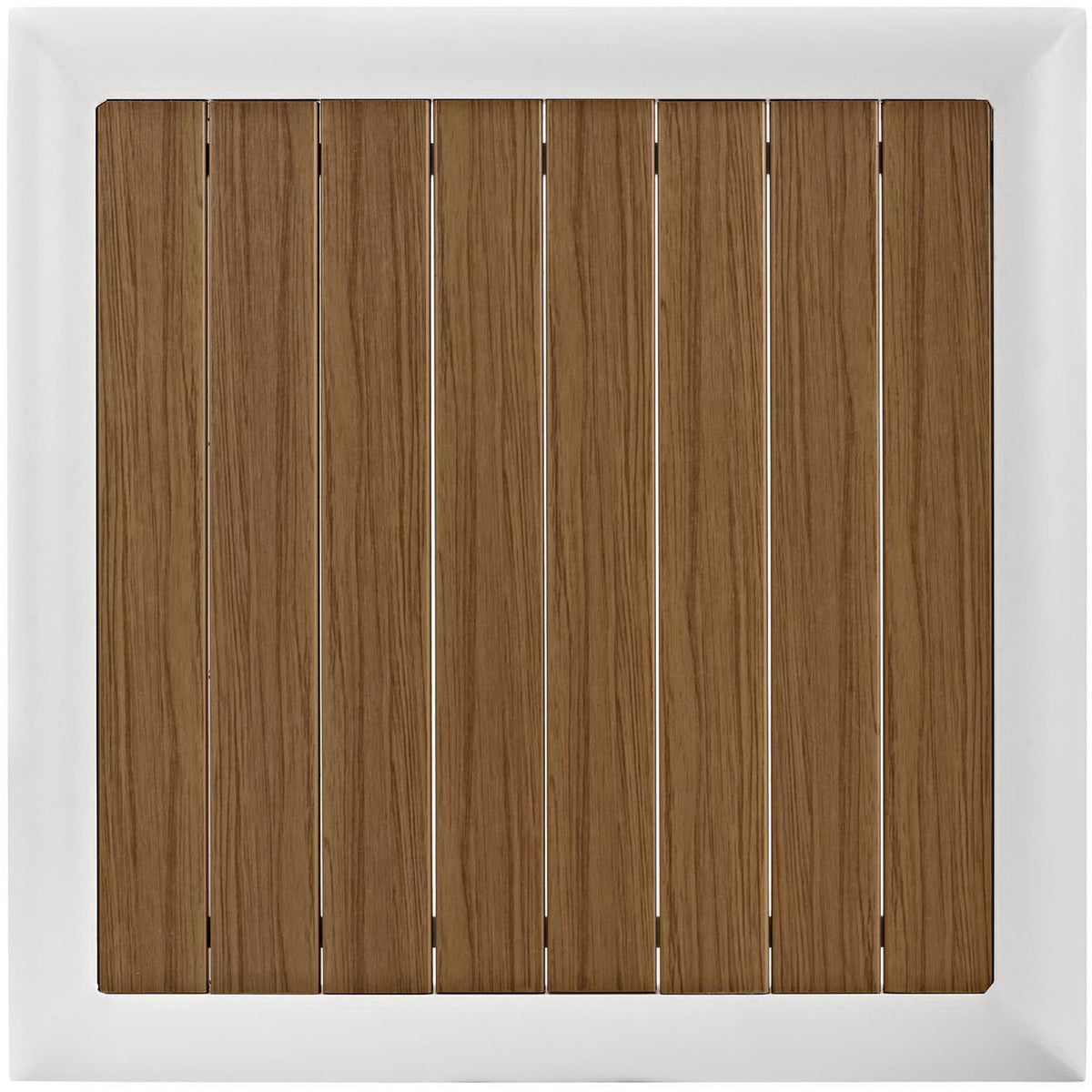 Overhead view of square side table showcasing white frame and natural slatted tabletop || EEI-3022-WHI-NAT || top_studio