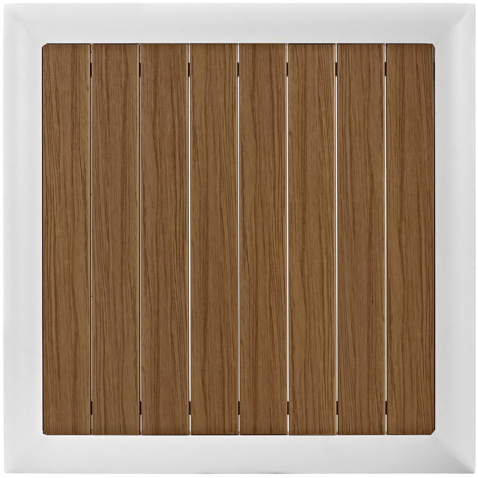 Overhead view of square side table showcasing white frame and natural slatted tabletop || EEI-3022-WHI-NAT || top_studio