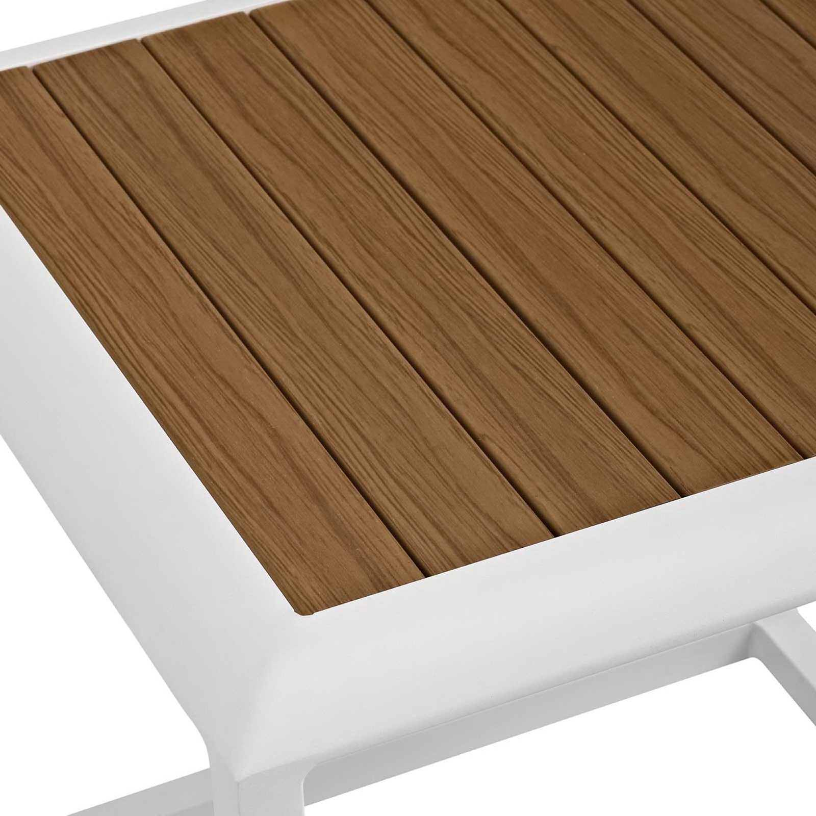 Close up of natural woodgrain slatted tabletop framed by smooth white aluminum edges || EEI-3022-WHI-NAT || detail_studio