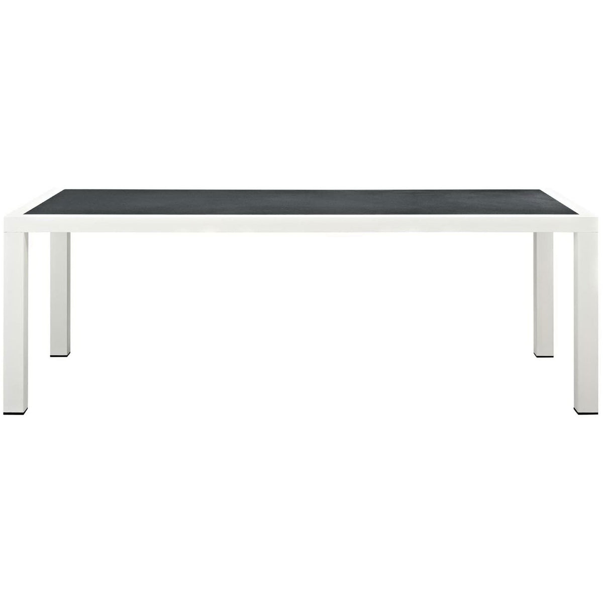 Sleek rectangular patio dining table with bold contrast between white frame and deep gray surface || EEI-3052-WHI-GRY || front_studio