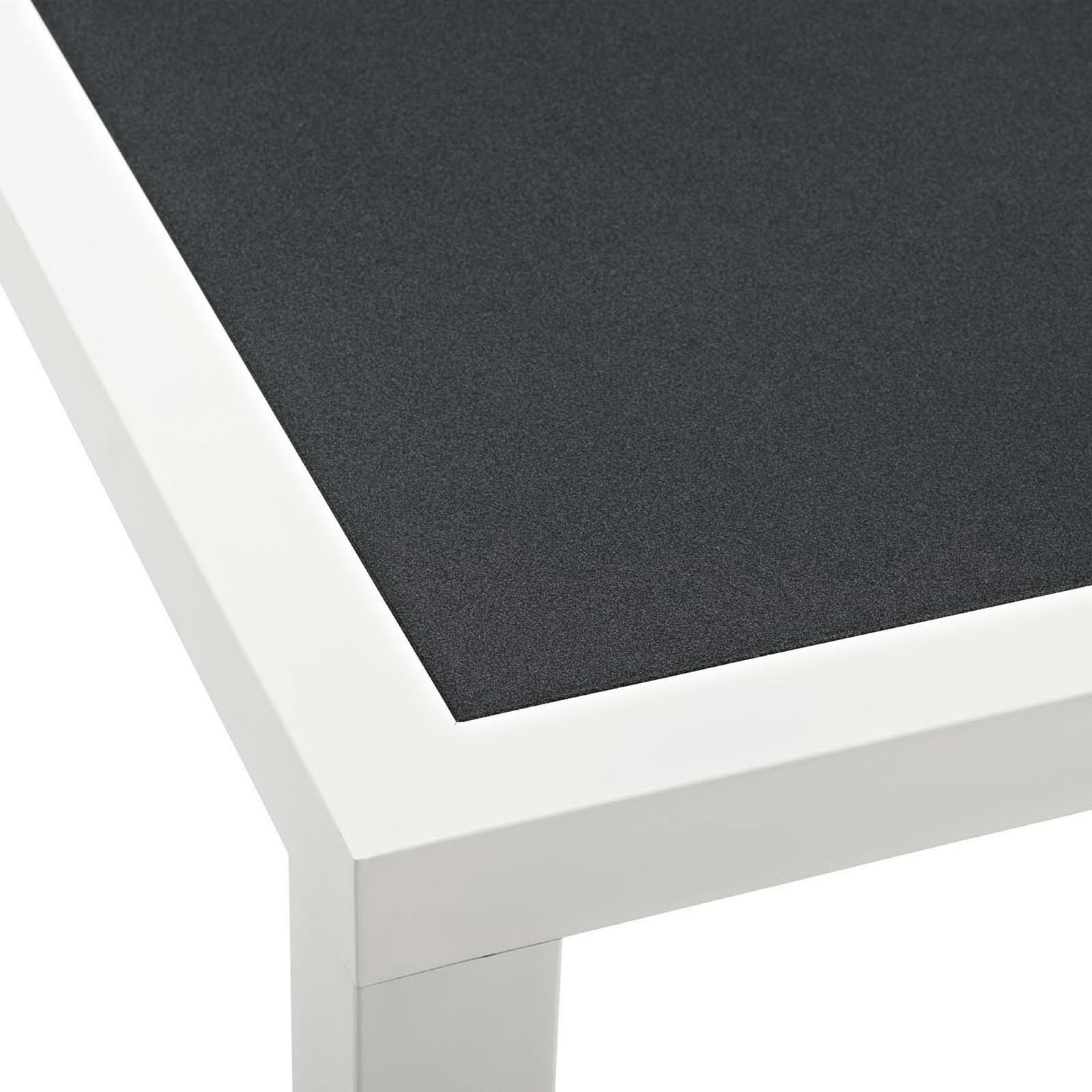 Powder-coated white frame and textured dark tabletop create a crisp contemporary outdoor look || EEI-3052-WHI-GRY || detail_studio