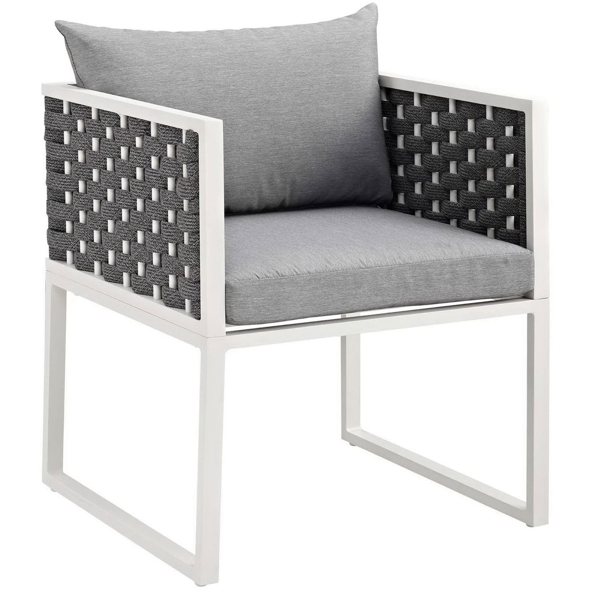 Modern outdoor armchair with white aluminum frame, gray rope sides, and cushioned gray seat and back || EEI-3053-WHI-GRY || front_angle_studio