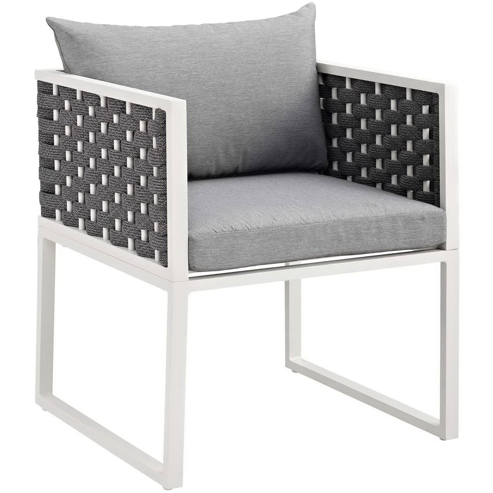 Modern outdoor armchair with white aluminum frame, gray rope sides, and cushioned gray seat and back || EEI-3053-WHI-GRY || front_angle_studio