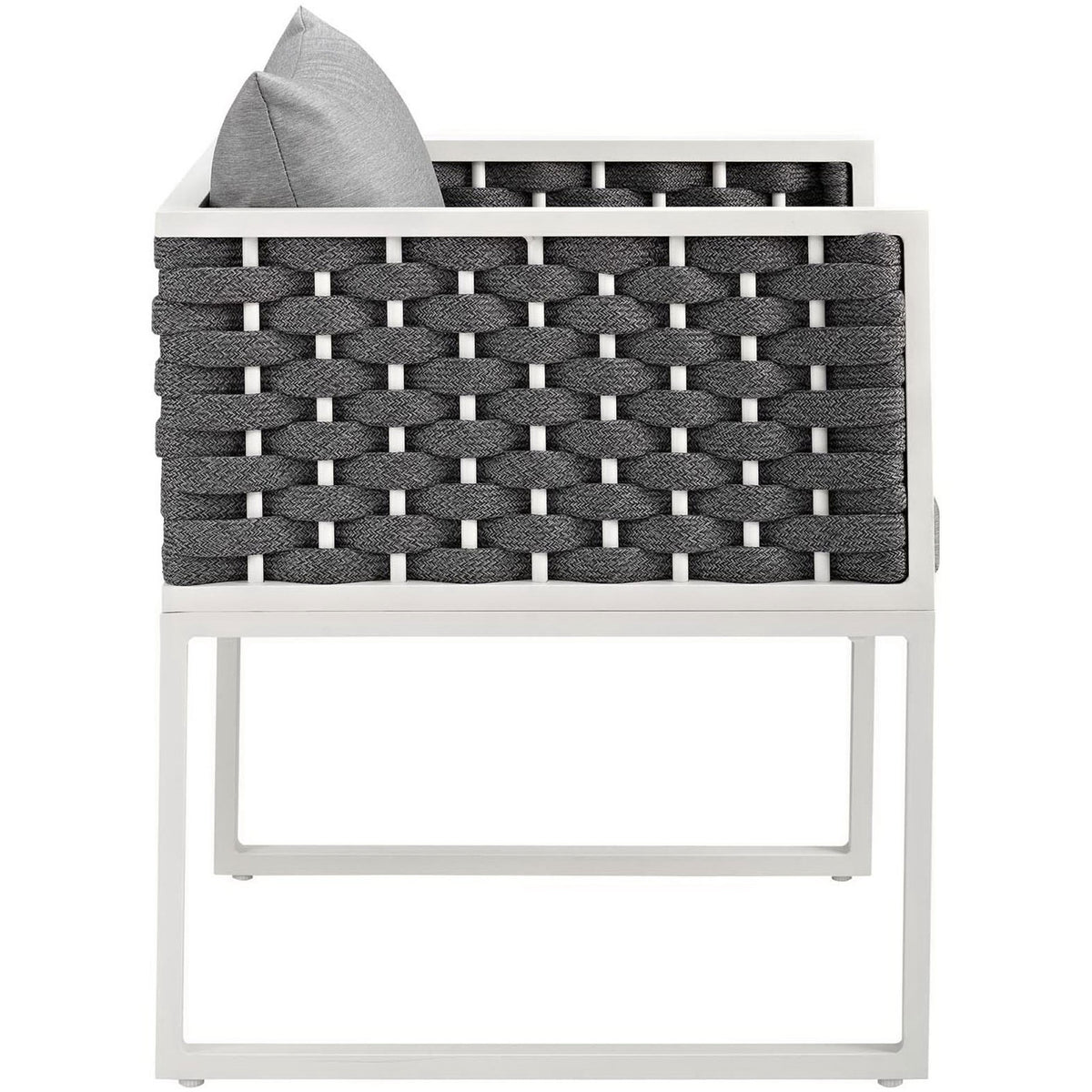 Slim patio armchair with woven gray rope sides, white metal base, and supportive gray cushions || EEI-3053-WHI-GRY || side_studio