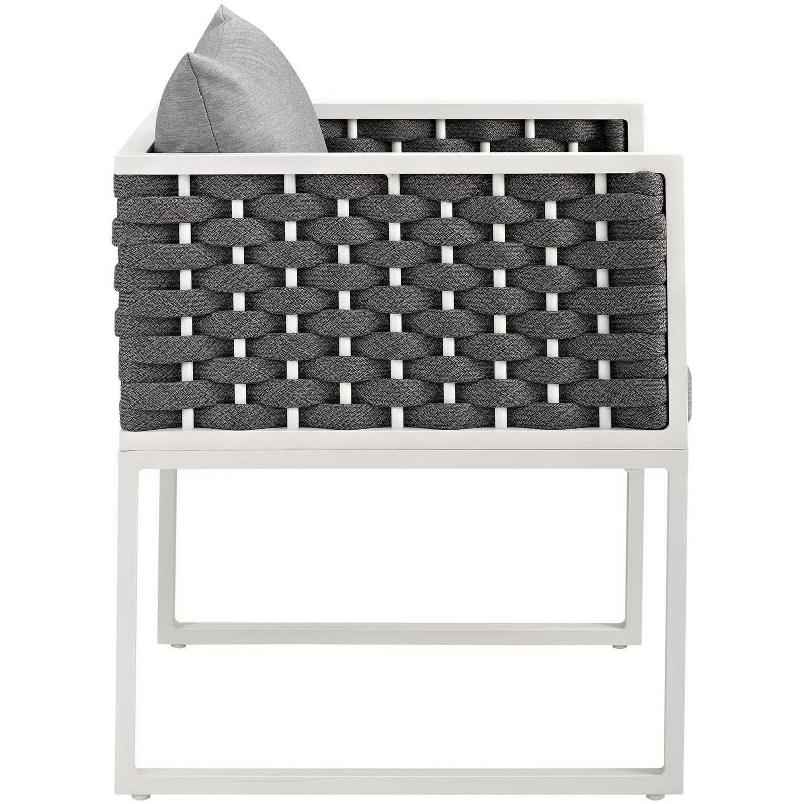 Slim patio armchair with woven gray rope sides, white metal base, and supportive gray cushions || EEI-3053-WHI-GRY || side_studio
