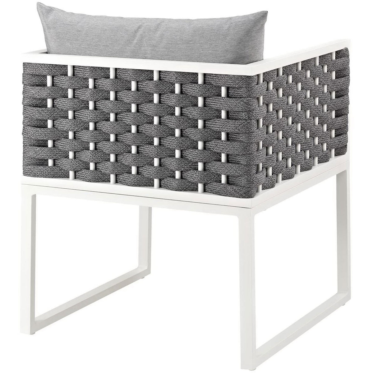 Outdoor dining armchair featuring fully wrapped gray rope backrest and crisp geometric white base || EEI-3053-WHI-GRY || back_angle_studio