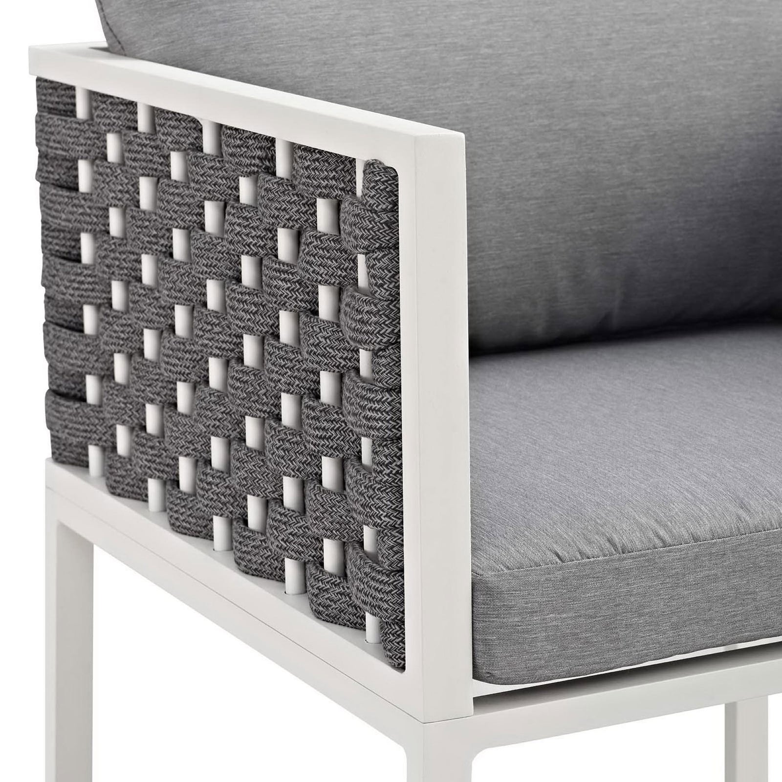 Woven gray rope arm panel paired with soft gray cushion and smooth white aluminum frame || EEI-3053-WHI-GRY || detail_studio