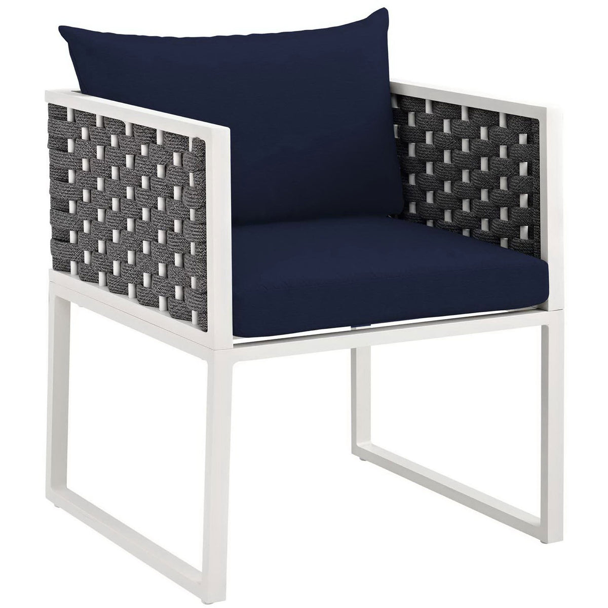 Modern outdoor armchair with white aluminum frame, gray rope sides, and cushioned navy seat and back || EEI-3053-WHI-NAV || front_angle_studio