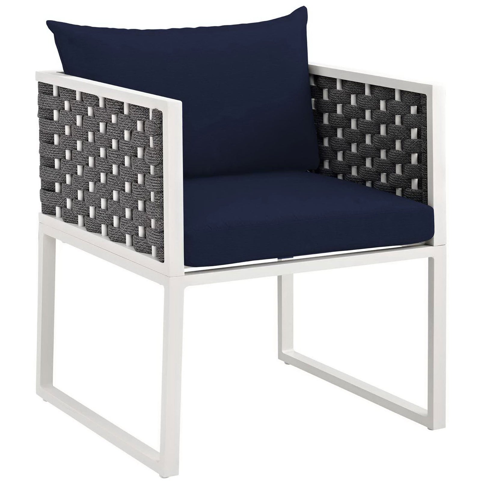 Modern outdoor armchair with white aluminum frame, gray rope sides, and cushioned navy seat and back || EEI-3053-WHI-NAV || front_angle_studio