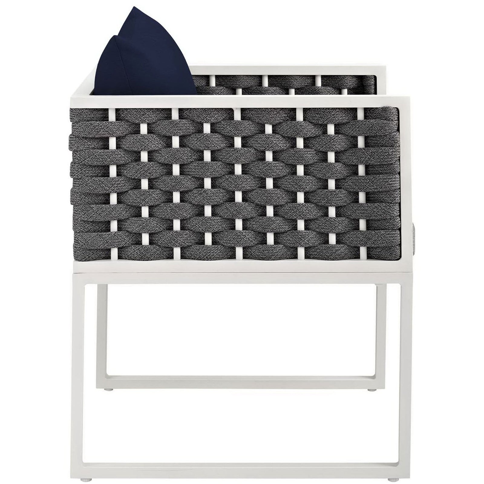 Slim patio armchair with woven gray rope sides, white metal base, and supportive navy cushions || EEI-3053-WHI-NAV || side_studio
