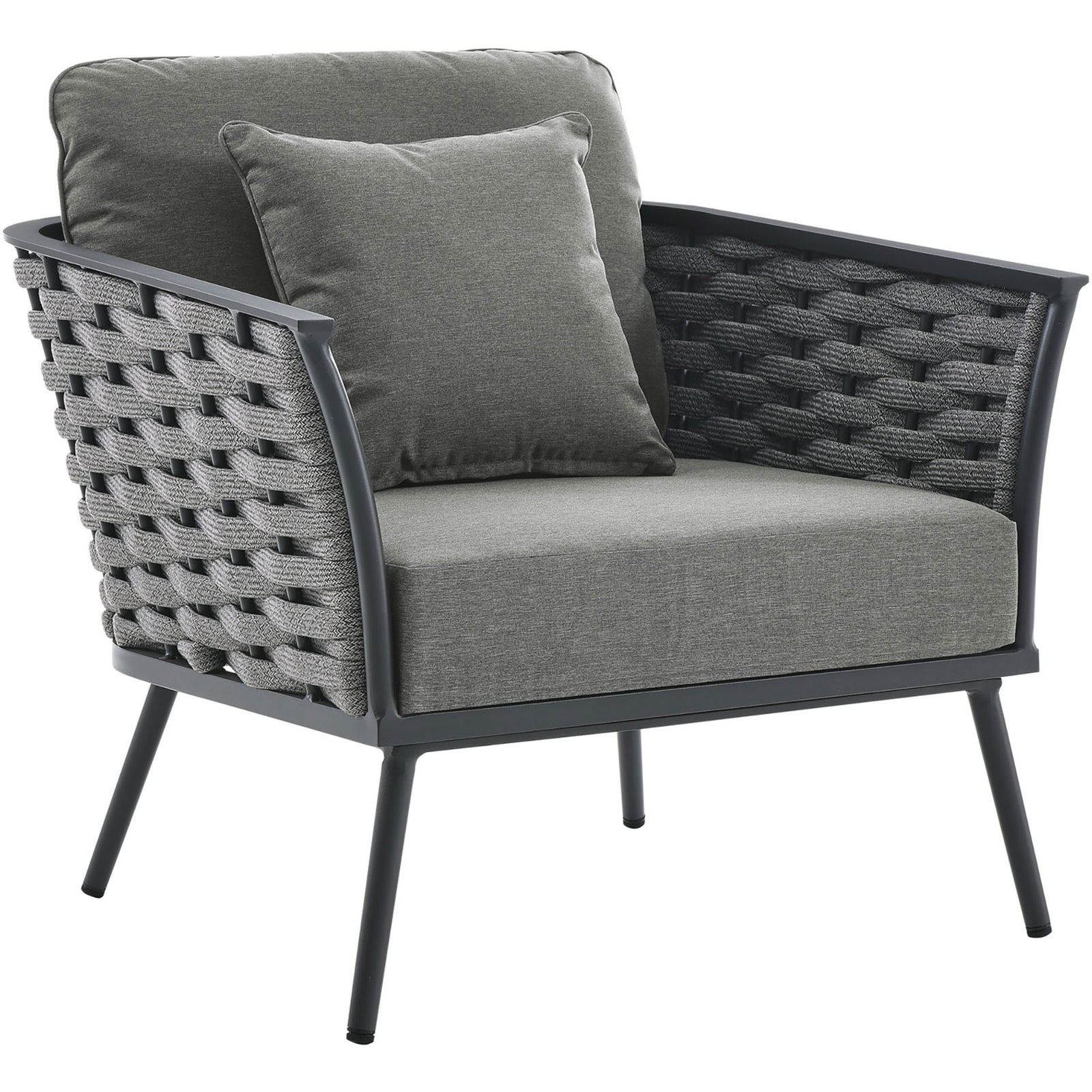Stance outdoor armchair with deep gray cushions and braided charcoal rope sides || EEI-3054-GRY-CHA || front_angle_studio