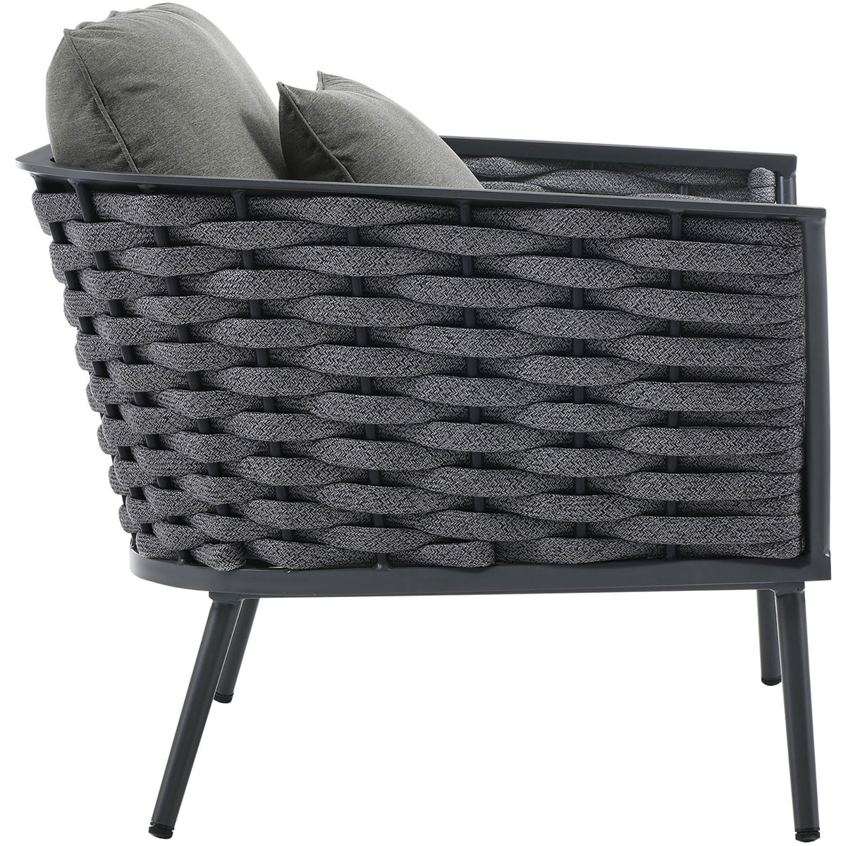 Braided rope panel and slim tapered legs of the charcoal Stance outdoor armchair || EEI-3054-GRY-CHA || side_studio