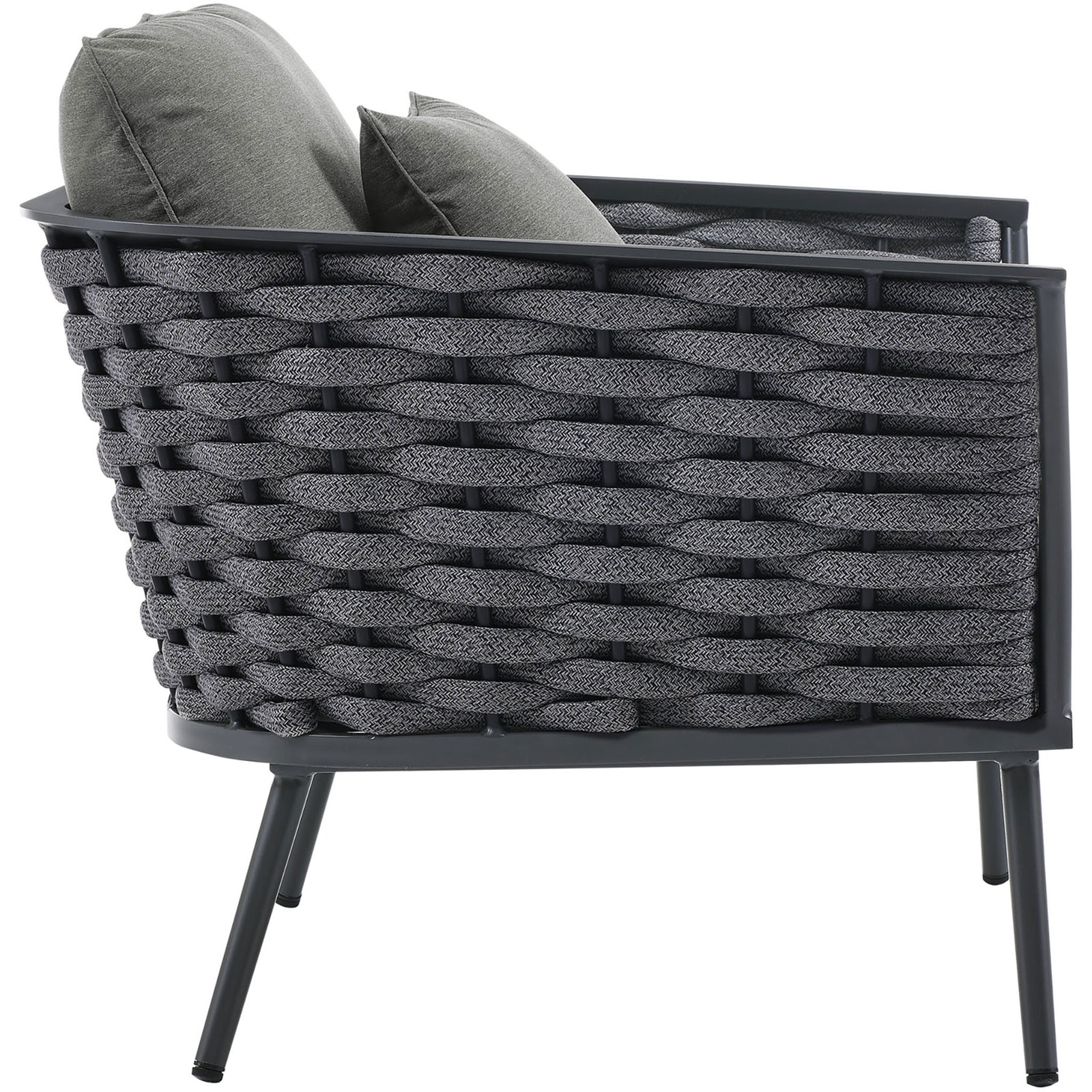 Braided rope panel and slim tapered legs of the charcoal Stance outdoor armchair || EEI-3054-GRY-CHA || side_studio