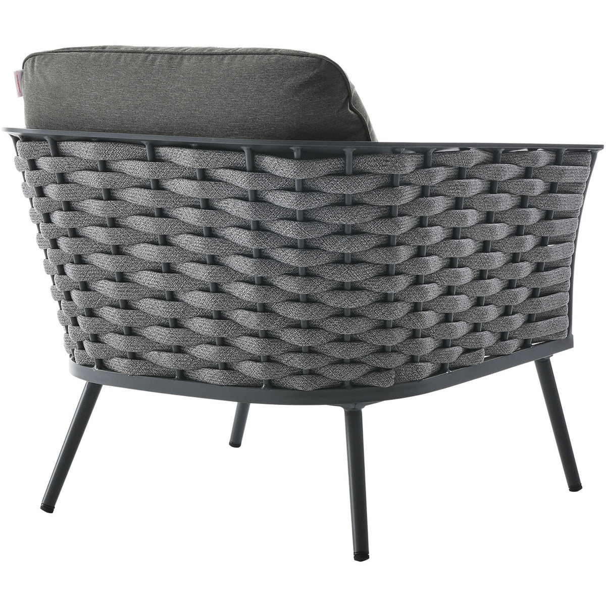 Curved woven rope backrest wrapping the entire Stance charcoal outdoor armchair || EEI-3054-GRY-CHA || back_studio