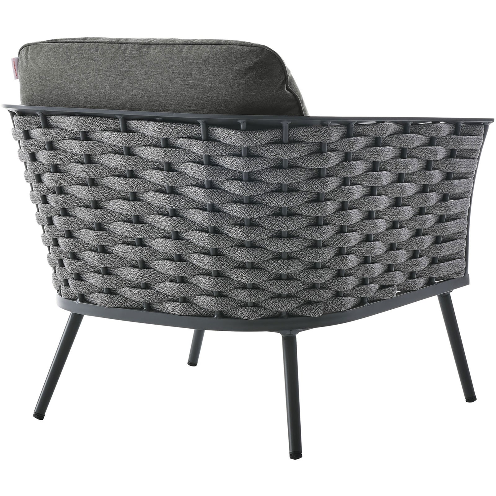 Curved woven rope backrest wrapping the entire Stance charcoal outdoor armchair || EEI-3054-GRY-CHA || back_studio