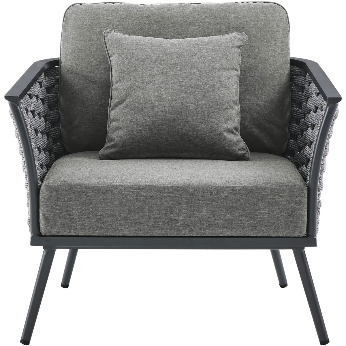 Generously cushioned gray Stance outdoor armchair with modern flared aluminum frame || EEI-3054-GRY-CHA || front_studio