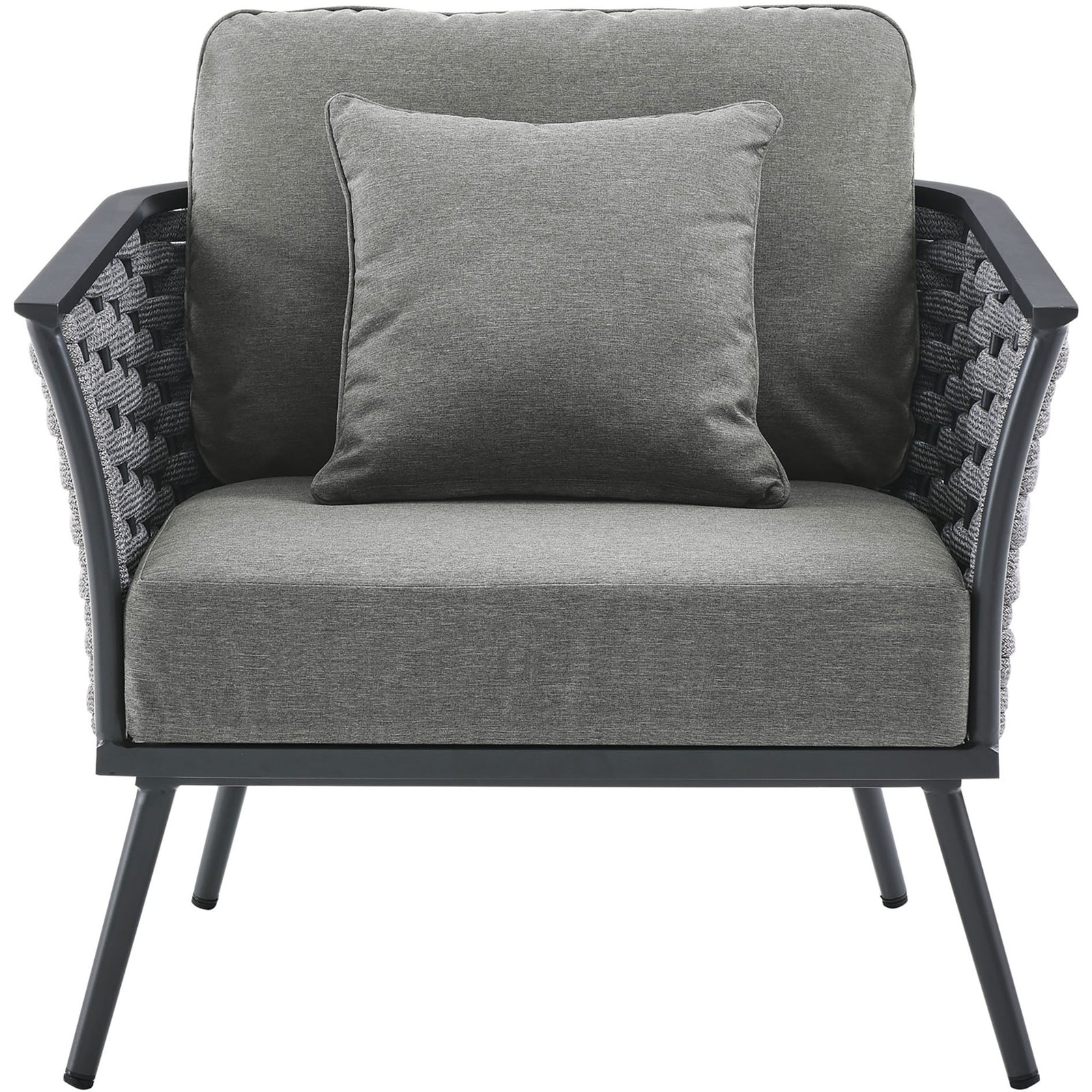Generously cushioned gray Stance outdoor armchair with modern flared aluminum frame || EEI-3054-GRY-CHA || front_studio