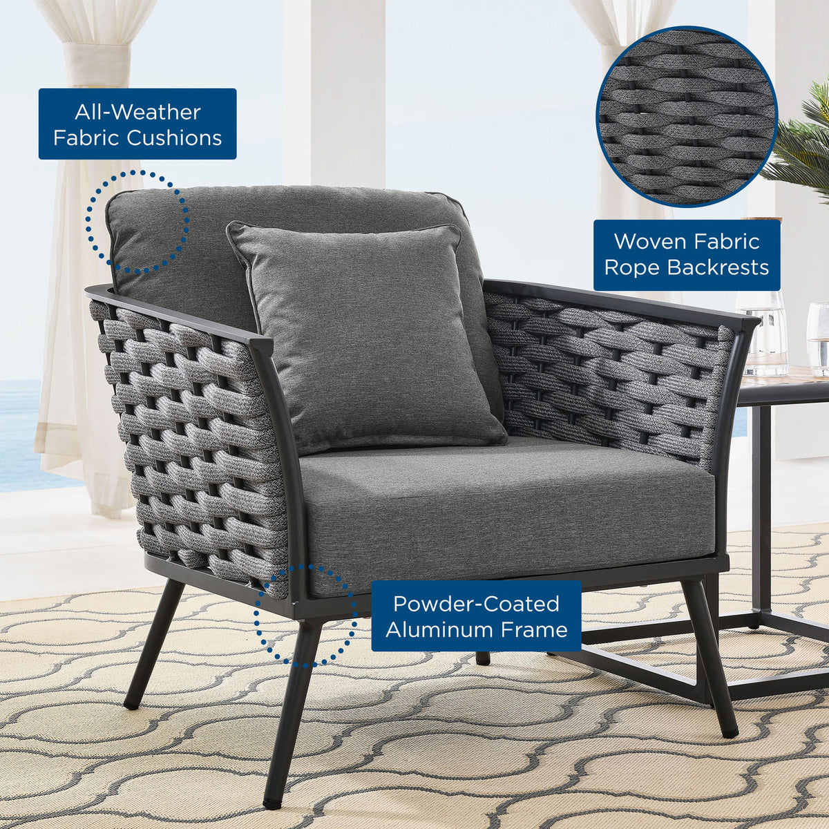 Stance gray outdoor armchair on a patio with callouts for all weather cushions and rope frame || EEI-3054-GRY-CHA || callout_room