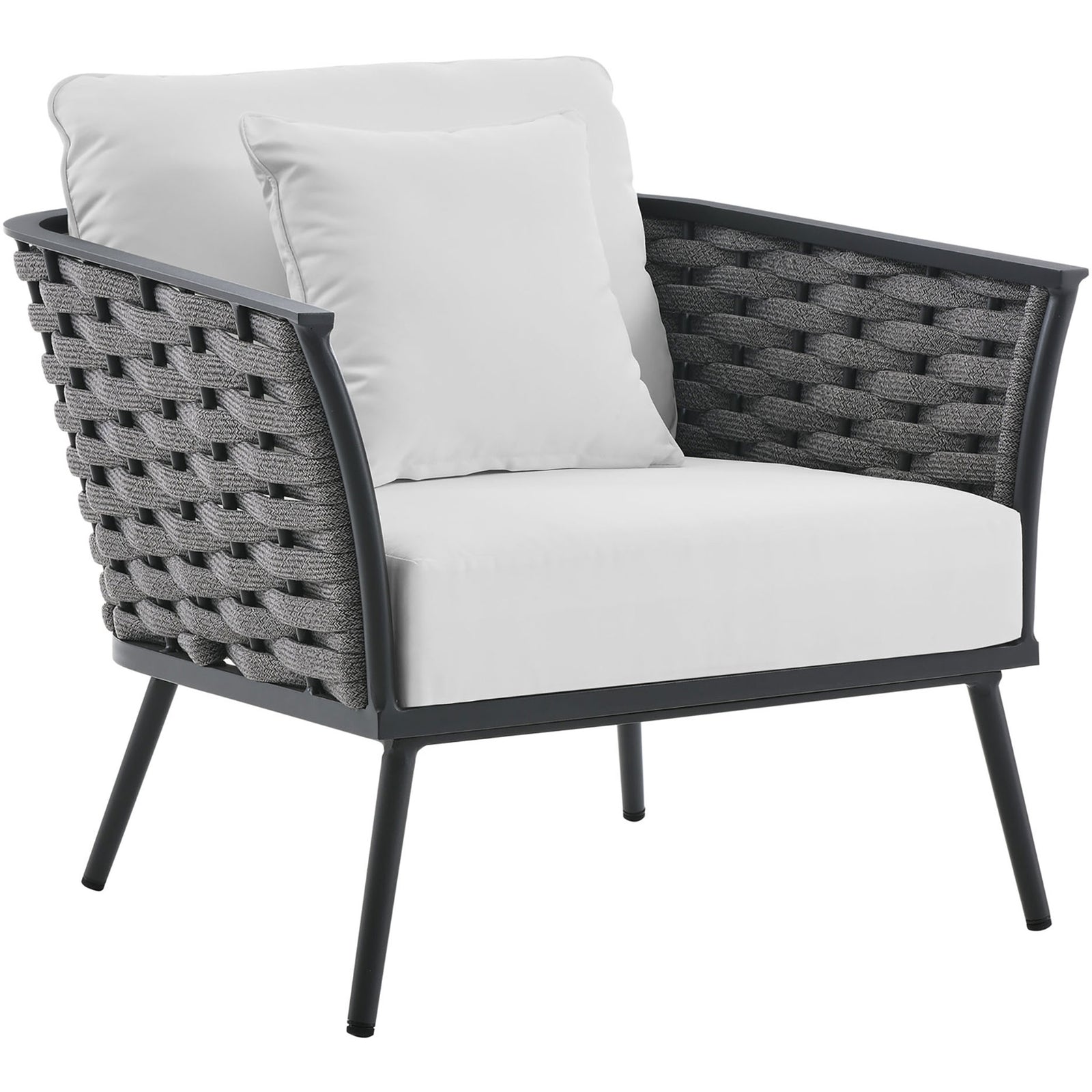 Stance outdoor armchair with crisp white cushions and charcoal rope sides on a gray frame || EEI-3054-GRY-WHI || front_angle_studio