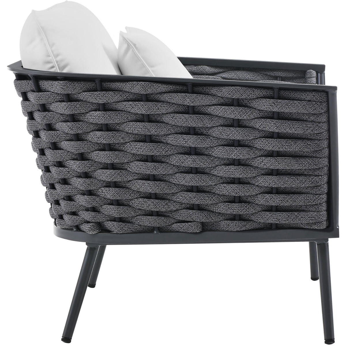 Charcoal rope side panel and slender gray legs of the Stance white cushion armchair || EEI-3054-GRY-WHI || side_studio